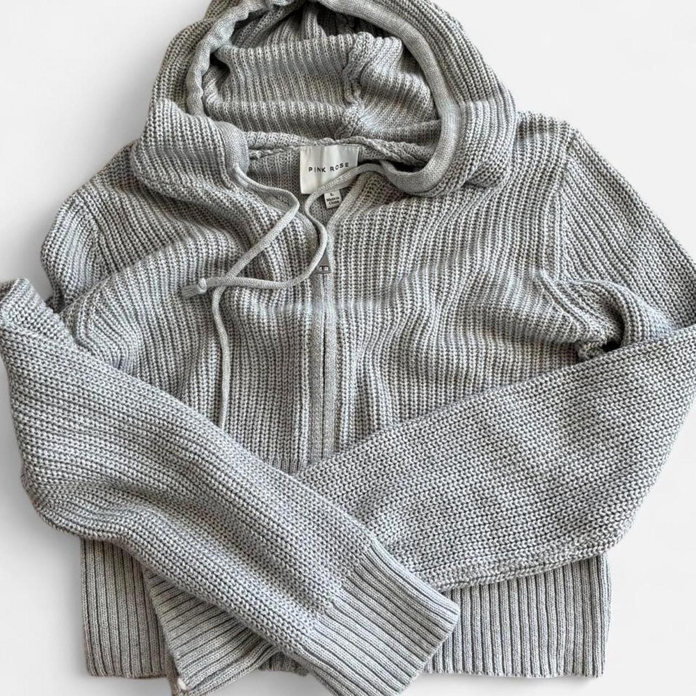 Pink Rose Gray Ribbed Knit Zip Up Hoodie Size L Cotton blend Minimalist